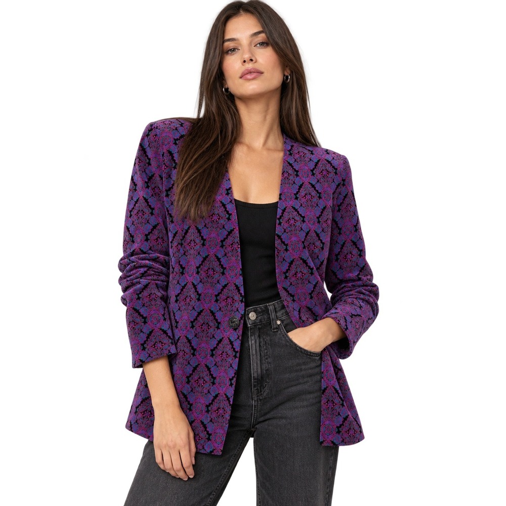Koret Purple Teal Brocade Damask Vintage Jacket Blazer Women's Size 12